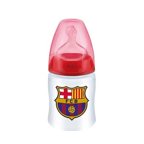 Nuk silicone feeding bottle for 0-6 months, 150ml, with a transparent body and colorful silicone nipple, designed for infants.