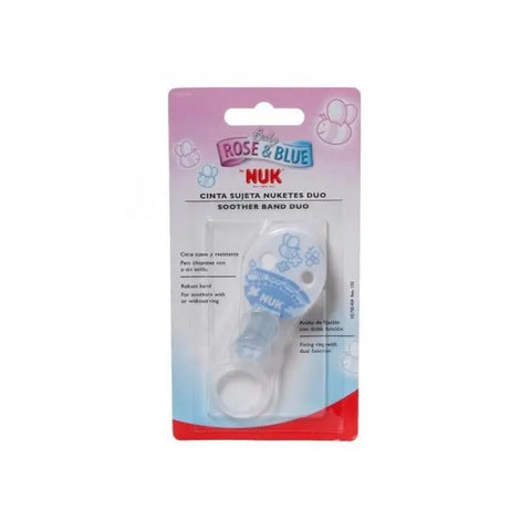 Blue Nuk soother band for babies under 0 months, by Jag Couture London New York, featuring soft fabric and adjustable strap.