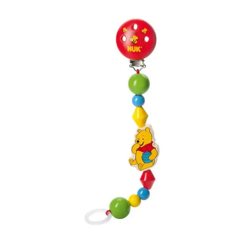 Wooden Winnie the Pooh soother chain by Nuk, featuring Disney character, attached to a baby pacifier on a neutral background.