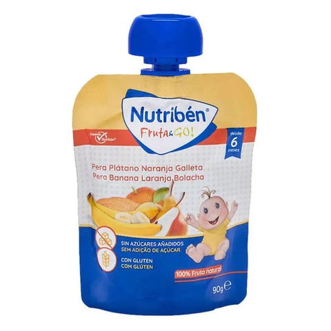 Nutribén Fruit & Go! pear, banana, orange, and biscuit snack in a 90g pack by Jag Couture London New York.