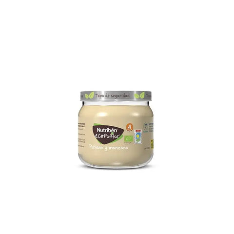 Nutriben Ecopotitos Inicio fruit puree with banana and apple in 120g jar, suitable for infants, by Jag Couture London New York.