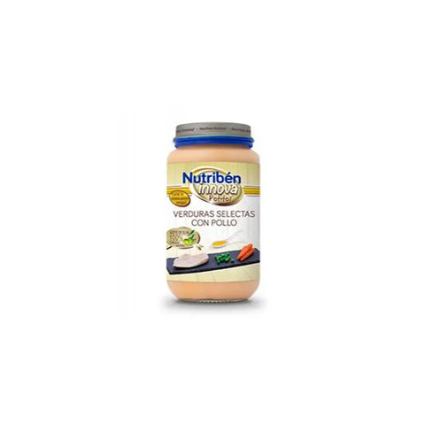 Nutriben Nutribén Innova Potito con verduras selectas y pollo, 250g, creamy baby food jar with vegetable and chicken ingredients.