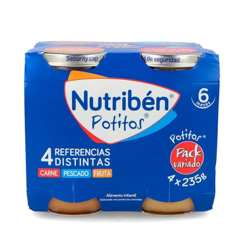 Assorted Nutriben Potitos pack with four 235g jars, featuring colorful labels from Jag Couture London - New York.