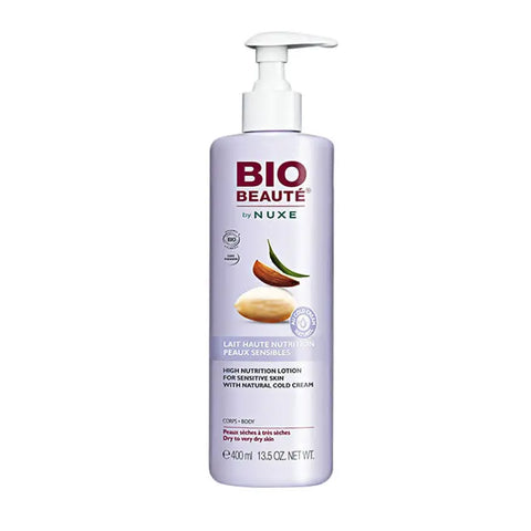 Nuxe Bio Beauté High Nutrition Lotion for sensitive skin in 400ml bottle, displayed with skincare branding and packaging details.