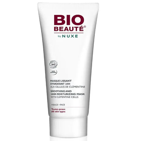 Nuxe Bio Beauté smoothing and 24h moisturizing mask in a 50ml jar, featuring natural ingredients and a sleek white design
