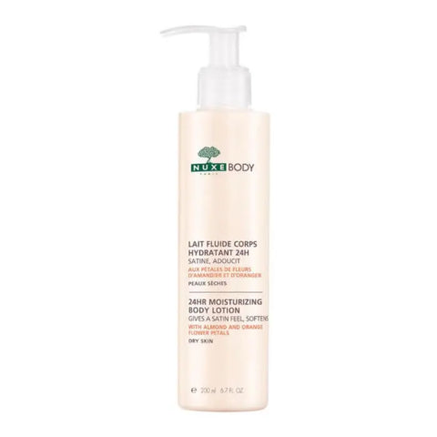 Nuxe Body 24h Moisturizing Body Lotion in 200ml bottle, featuring smooth texture and hydrating formula, displayed with branding.
