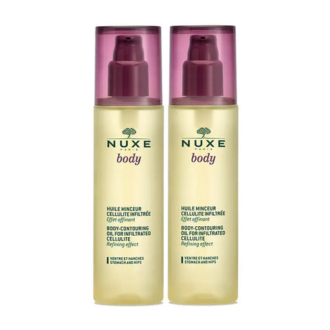 Nuxe body contouring oil for infiltrated cellulite, 2x100ml, with a sleek bottle design and elegant packaging by Jag Couture London.