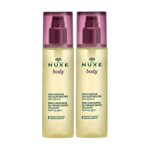 Nuxe Body Contouring Oil for infiltrated cellulite, 2x100ml, with natural ingredients, displayed in a sleek bottle on a neutral background.