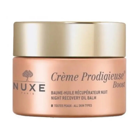 Nuxe Crème Prodigieuse Boost Night Recovery Oil Balm in 50ml jar, hydrating skincare product with a sleek design, by Jag Couture London.
