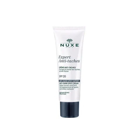 Nuxe Expert Anti Dark Spot Cream SPF20 for dry skin in 50ml jar, with smooth cream texture, on a neutral background.
