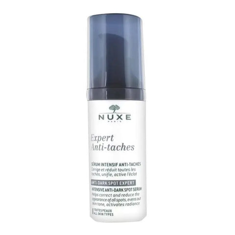 Nuxe Expert Anti-taches Intensive Dark Spot Serum 30ml, clear bottle with dropper for targeted skincare treatment.