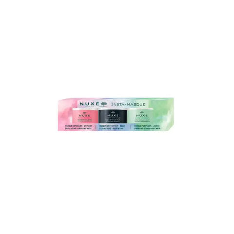 Set of three Nuxe Insta-Masque 15ml tubes, hydrating skincare masks by Jag Couture London and New York.