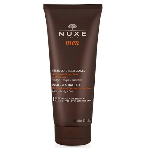 Nuxe Men multi-use shower gel in 200ml bottle, shown with packaging featuring sleek design and brand logo from Jag Couture London.