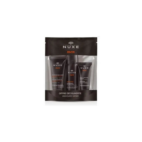 Nuxe Men travel kit with three skincare products, including cleanser, moisturizer, and aftershave, in a compact travel bag.
