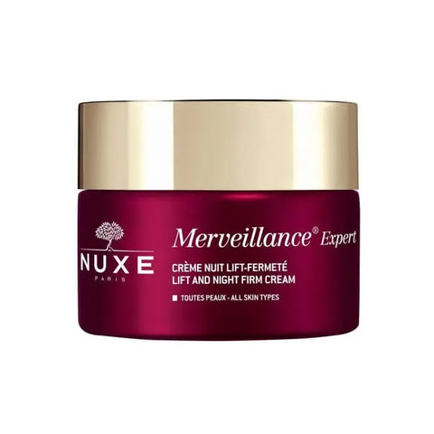 Nuxe Merveillance Expert lift and firm night cream in a 50ml jar, displayed with elegant packaging on a neutral background.