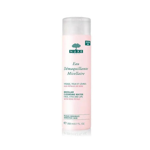 Nuxe Micellar Cleansing Water with Rose Petals in 400ml bottle, showcasing the clear liquid and rose petal accents.