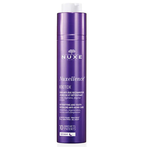 Nuxe Nuxellence Detox anti-aging night care cream in 50ml jar, featuring smooth cream texture and elegant packaging.