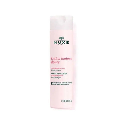 Nuxe Pétales De Rose gentle toning lotion for face and eyes in 200ml bottle, displayed with rose petals and soft floral background.