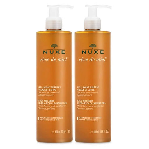 Nuxe Rêve De Miel cleansing gel for face and body in two 400ml bottles, with honey-inspired formula and gentle lather.
