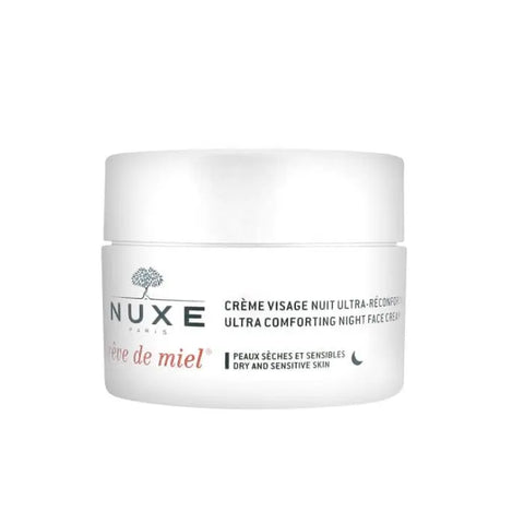 Nuxe Rêve De Miel night face cream jar with gold lid and cream inside, displayed on a neutral background.