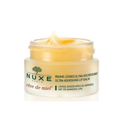 Nuxe Rêve De Miel Ultra Nourishing Lip Balm in 15g jar, featuring golden packaging and smooth texture, by Jag Couture London New York.