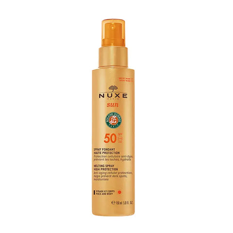 Nuxe Sun Melting Spray SPF50 for face and body, 150ml, showing the spray bottle with UV protection and lightweight formula