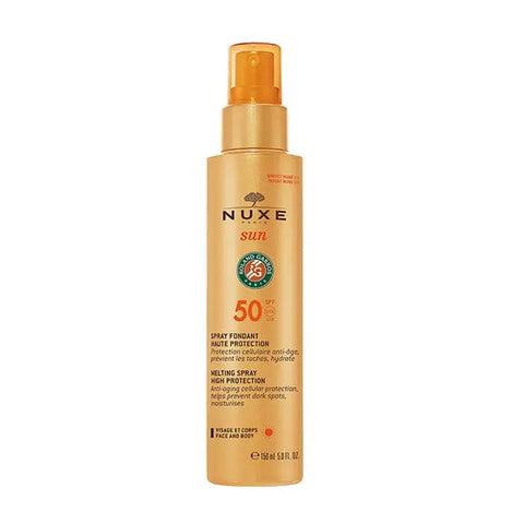 Nuxe Sun Melting Spray SPF50 for face and body in 150ml bottle, designed for sun protection and easy application.