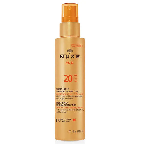 Nuxe Sun SPF20 Milky Spray for face and body, 150ml, with smooth, lightweight formula for sun protection.