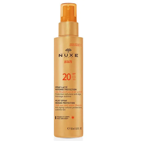 Nuxe Sun SPF20 Milky Spray for face and body, 150ml, with a smooth, lightweight texture in a spray bottle.