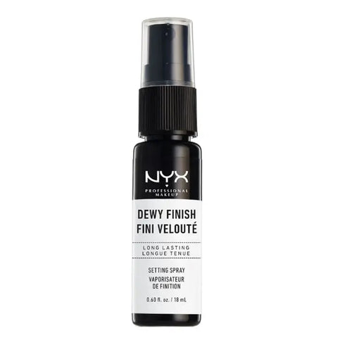 Mini Nyx Dewy Finish Setting Spray in 18ml bottle, featuring a clear spray top and sleek packaging from Jag Couture London.