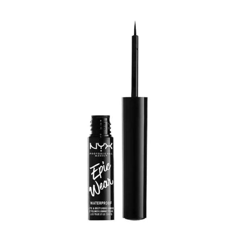 Nyx Epic Wear waterproof liquid eyeliner in black, showcased with a sleek black applicator and packaging by Jag Couture London New York