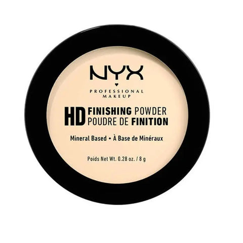 Nyx high-definition finishing powder in mineral-based banana shade, 8g, displayed in a sleek compact with a transparent lid.