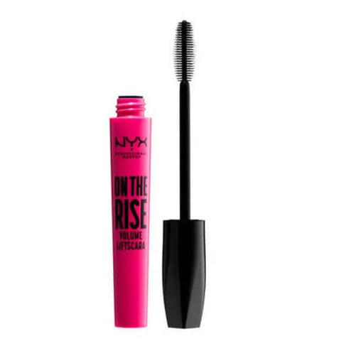Nyx On The Rise Volume Liftscara in black, showcasing the sleek mascara tube with the product label and a close-up of the brush.