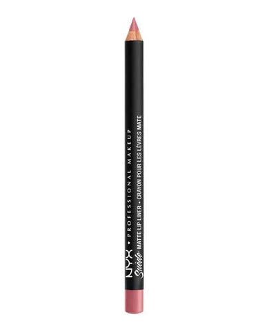 Nyx Suede Matte Lip Liner in Tea y Cookies, 3.5g, shown in sleek packaging with a close-up of the liner tip and product branding.