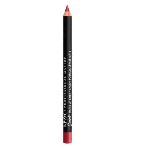 Nyx Suede Matte Lipliner in Cherry Skies with a sharpened pencil and sleek packaging, designed for precise lip outlining.