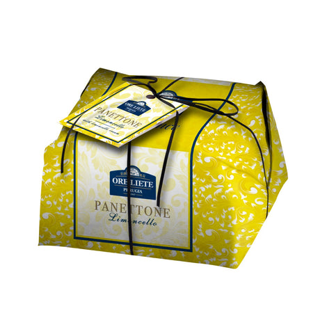 Ore Liete Panettone with limoncello cream by Jag Couture London, elegantly hand gift-wrapped, showcasing the festive Italian dessert.