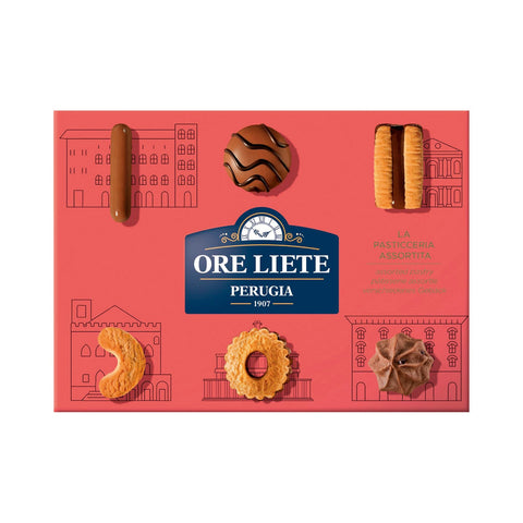 Assorted Ore Liete Pasticceria fine biscuits in a red carton by Jag Couture London New York, displayed for gifting or snacking.