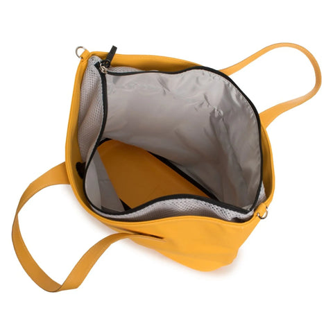 Obag tote bag with mixed black and beige panels, featuring silver hardware and adjustable straps, by Jag Couture London New York.