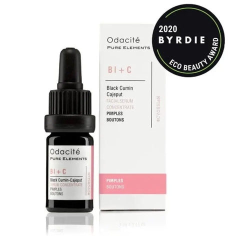 Odacité Bi+C Black Cumin Cajeput facial serum concentrate in 5ml bottle, featuring a dropper and clear label.