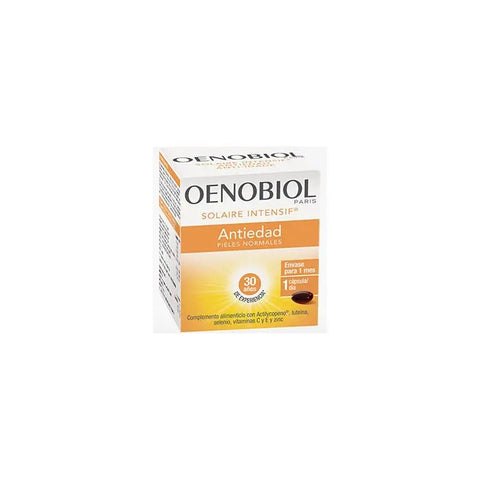 Oenobiol Solaire Intensif Anti-Ageing supplement capsules in a bottle, designed for skin protection and anti-aging benefits.