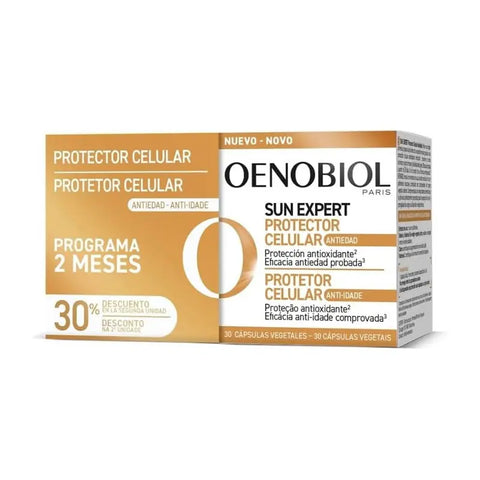 Oenobiol Sun Expert Cellular Anti-Aging Protector capsules by Jag Couture London, New York, shown in a close-up of the bottle.