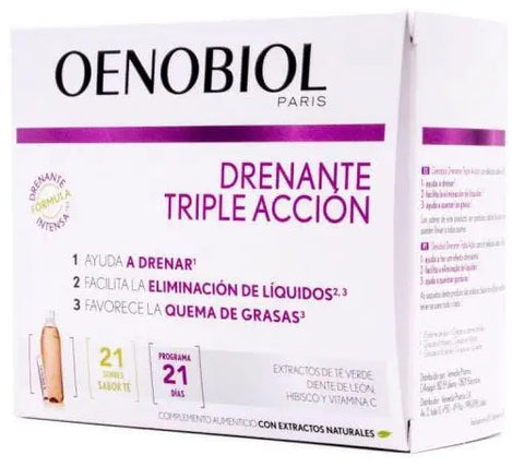 Oenobiol Triple Action Drainage dietary supplement envelopes by Jag Couture London New York, featuring 21 individual sachets.