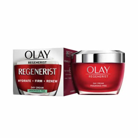 Olay Regenerist Day Cream 50ml in a sleek jar, displayed with a minimalist background, highlighting the skincare product.