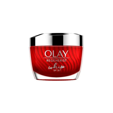 Olay Whip Regenerist moisturizing cream with SPF30, 50ml, in a sleek jar, showing the luxurious skincare product with brand labeling.