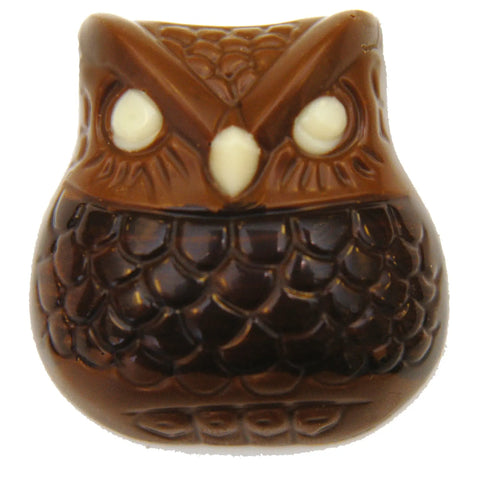 Decorated solid milk chocolate owl shaped candies, approximately 36 pieces, from Jag Couture London's Ollie the Owl collection.