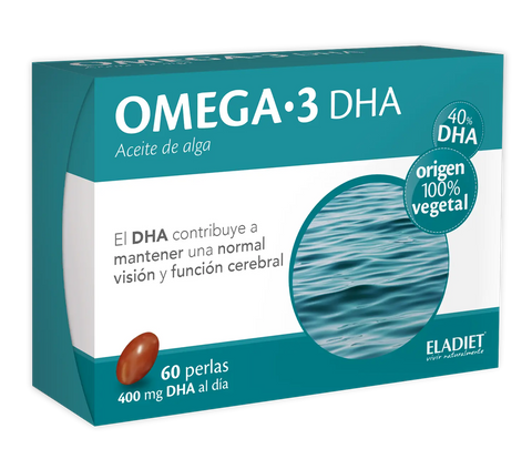 Omega 3 Eladiet softgel capsules by Jag Couture London New York, showing 60 omega-3 perlas in a clear bottle.