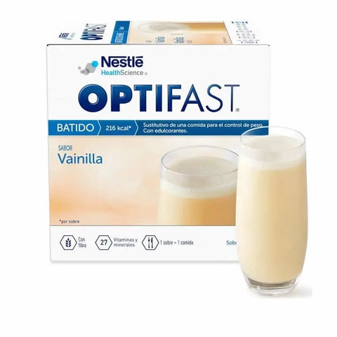 Optifast vanilla smoothie 12-pack by Jag Couture London New York with 55g sachets, creamy vanilla flavor for meal replacement.