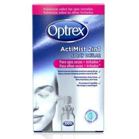 Optrex ActiMist 2in1 tired and uncomfortable eye spray in a 10ml bottle, designed to soothe and refresh tired eyes.