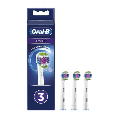 Set of three Oral-B 3D White replacement brush heads by Jag Couture London, New York, suitable for dental whitening toothbrushes.