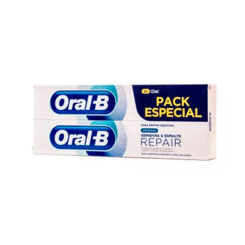 Oral B Duplo Especial gum and enamel whitening toothpaste 2x125ml bottles, featuring fresh mint flavor and dental care benefits.